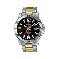 Casio watch with silver and gold band on a white background