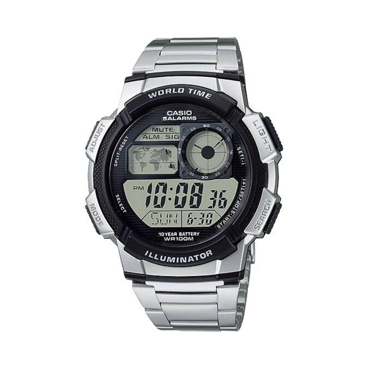 Casio digital watch with silver metal strap on a white background