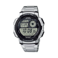 Casio digital watch with silver metal strap on a white background