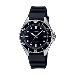Black Casio watch with a white dial on a white background