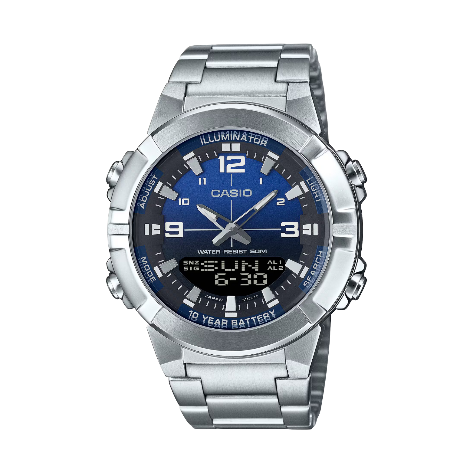 Casio watch with blue face and silver metal strap on a white background