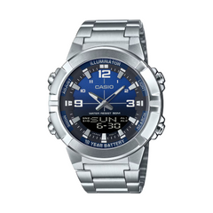 Casio watch with blue face and silver metal strap on a white background