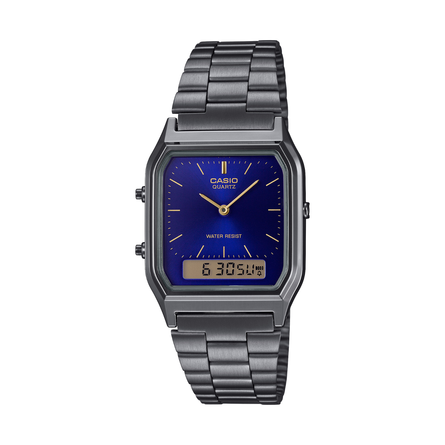 Casio watch with blue face and metallic band on a white background