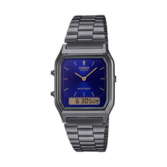 Casio watch with blue face and metallic band on a white background
