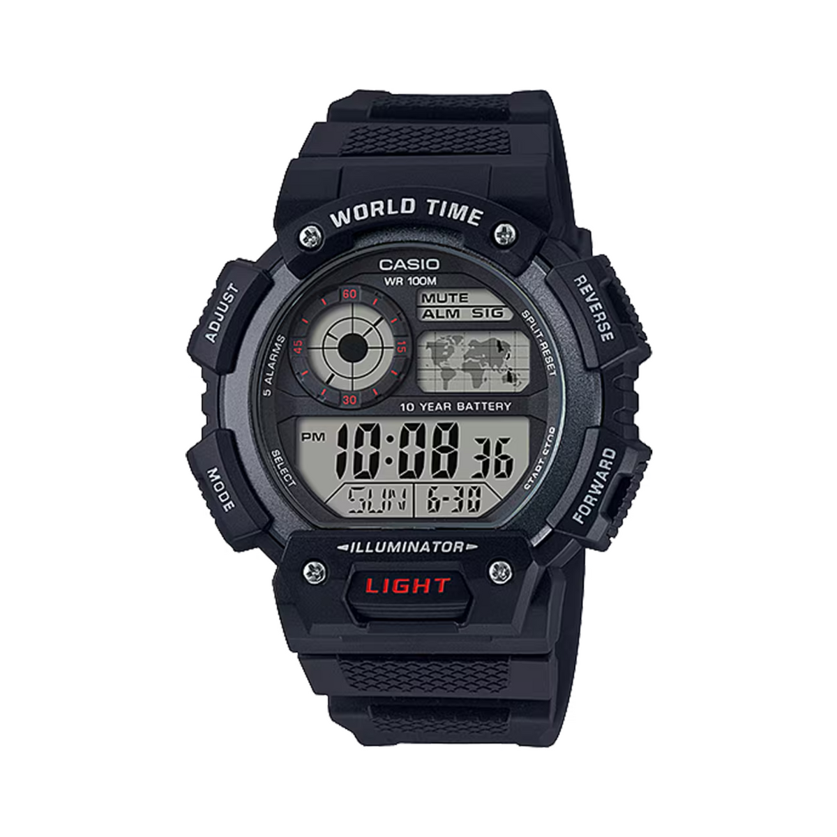 Black Casio digital watch on a white background