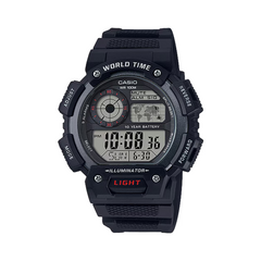 Black Casio digital watch on a white background