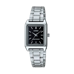 Casio watch with silver metal strap on a white background