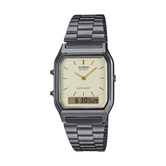 Casio watch with metallic band on a white background
