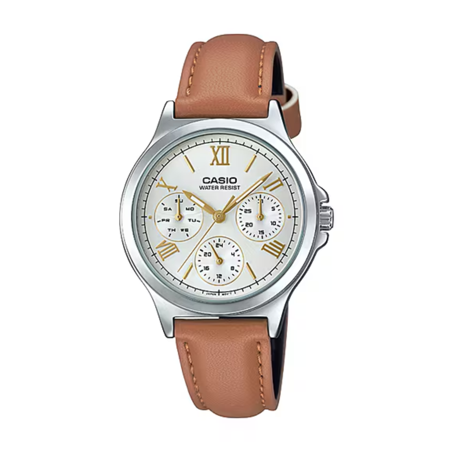 Casio watch with brown leather strap on a white background