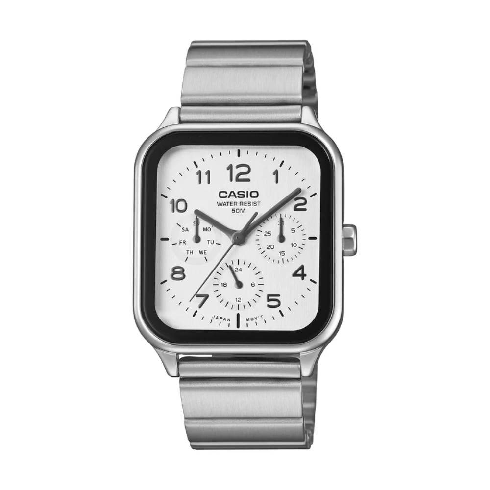 Silver Casio watch with a white face on a white background