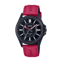 Casio watch with a red strap on a white background