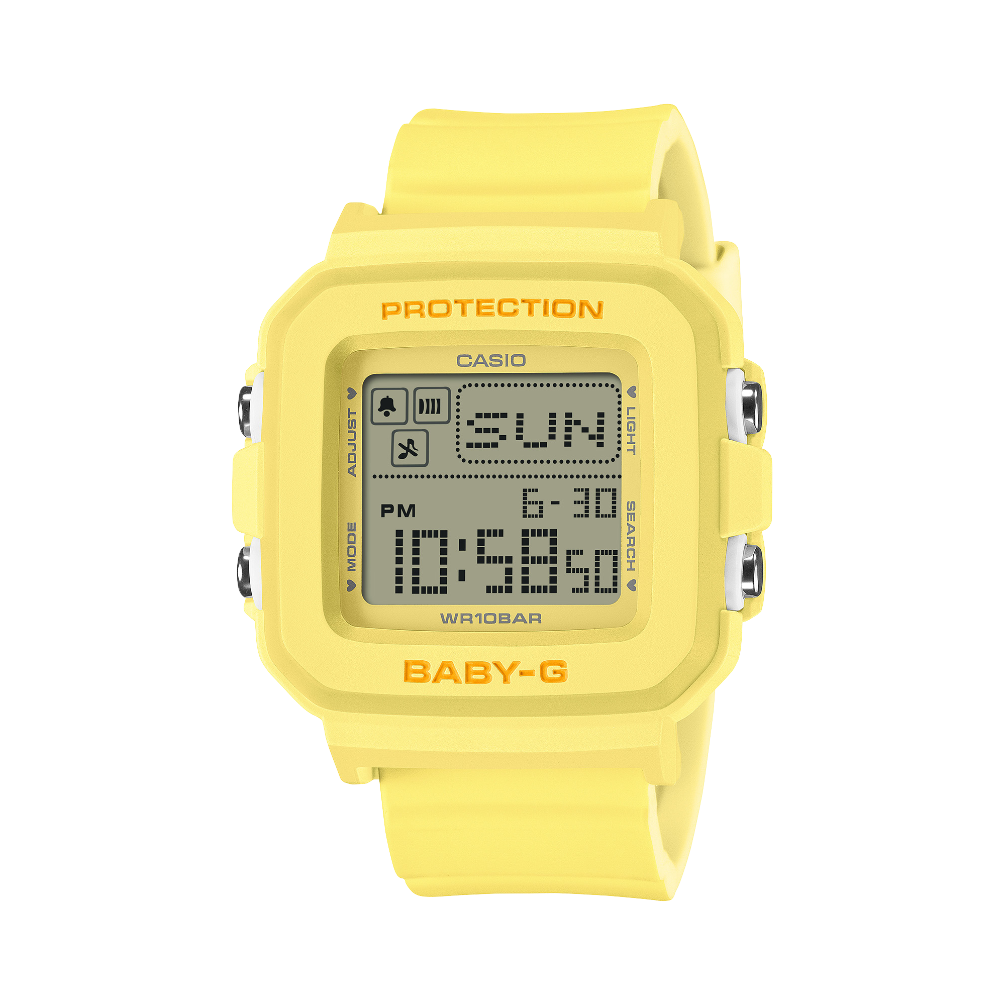 Yellow Casio digital watch on a white background