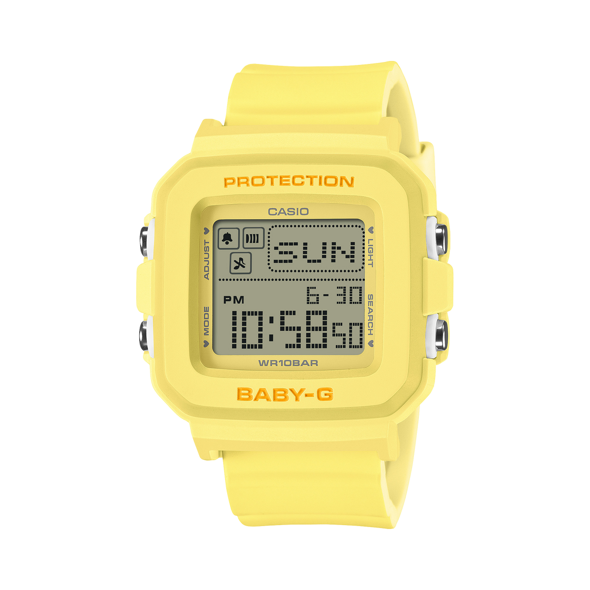 Yellow Casio digital watch on a white background