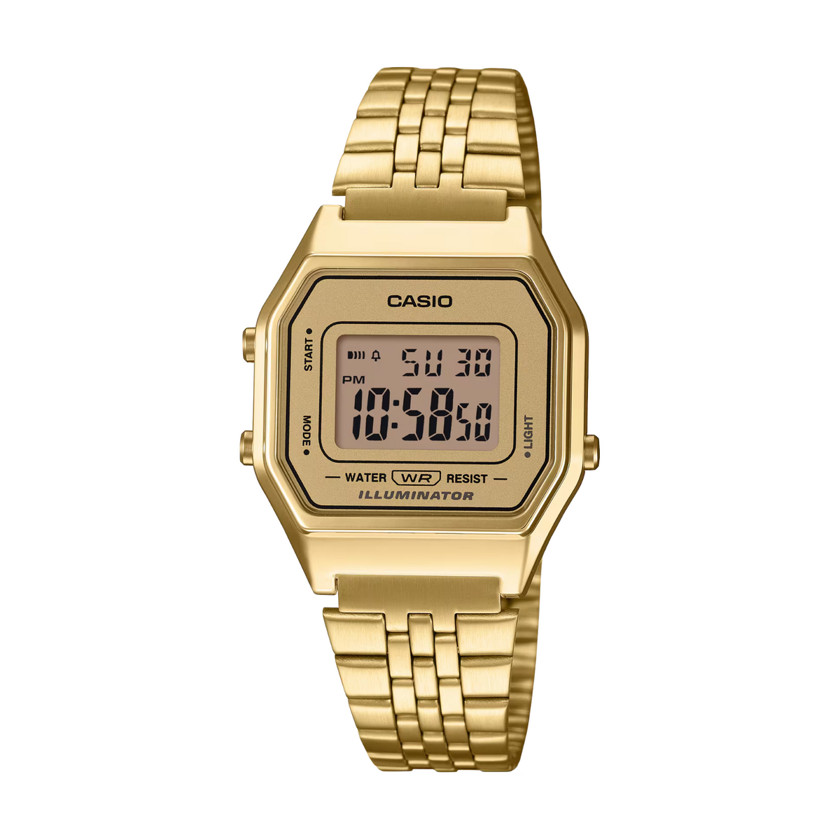 Gold Casio digital watch on a white background