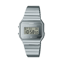Silver Casio digital watch on a white background