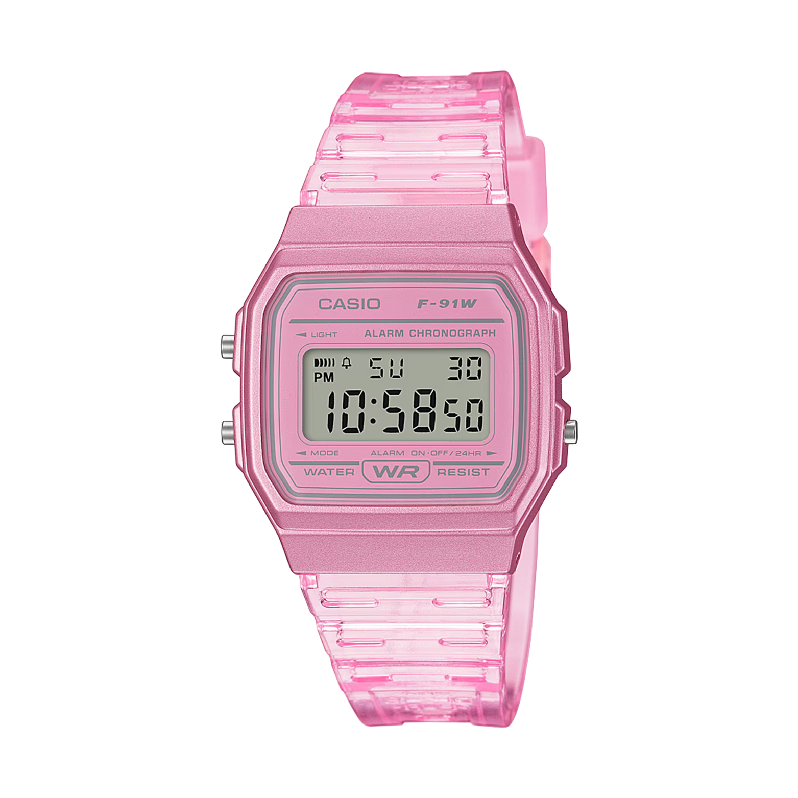 Pink Casio digital watch on a white background