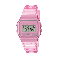 Pink Casio digital watch on a white background