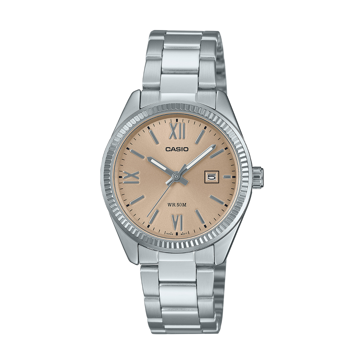 Casio watch with silver metal strap and beige dial on a white background