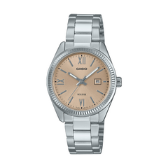 Casio watch with silver metal strap and beige dial on a white background