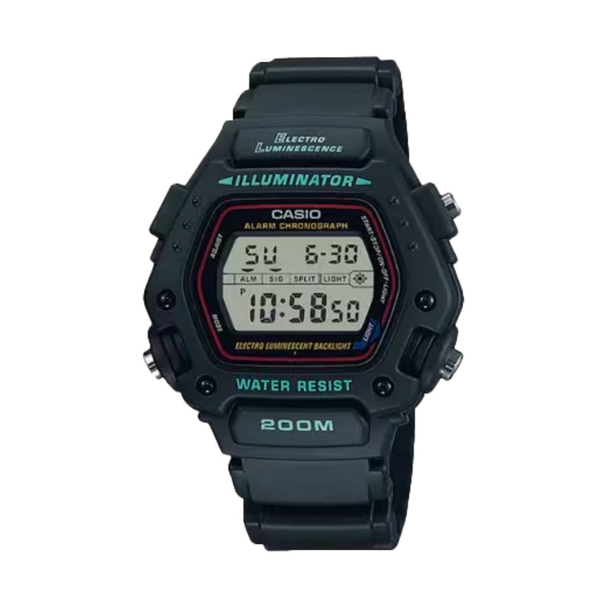 Black Casio digital watch with digital display on a white background