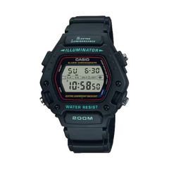 Black Casio digital watch with digital display on a white background