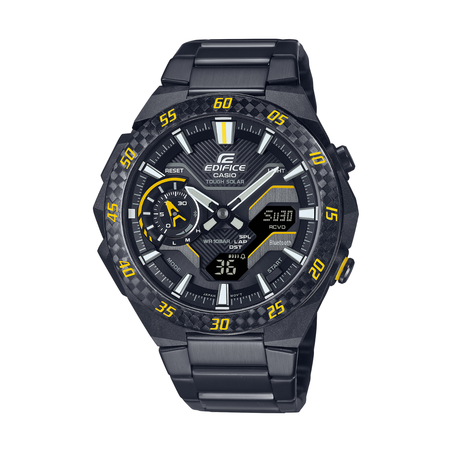 Casio Edifice watch with black and yellow design on a white background