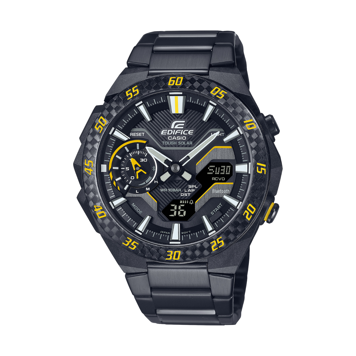 Casio Edifice watch with black and yellow design on a white background