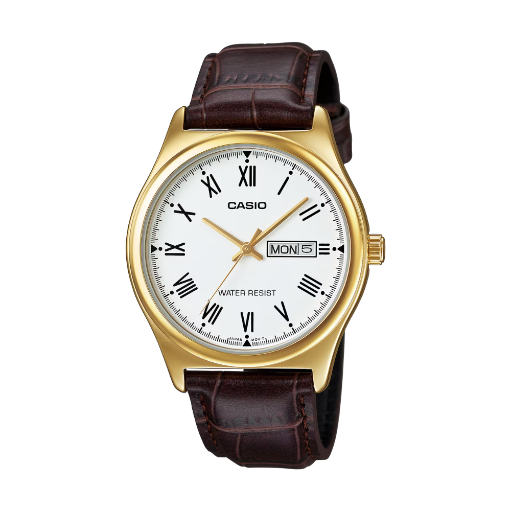 Casio watch with gold case and brown leather strap on a white background