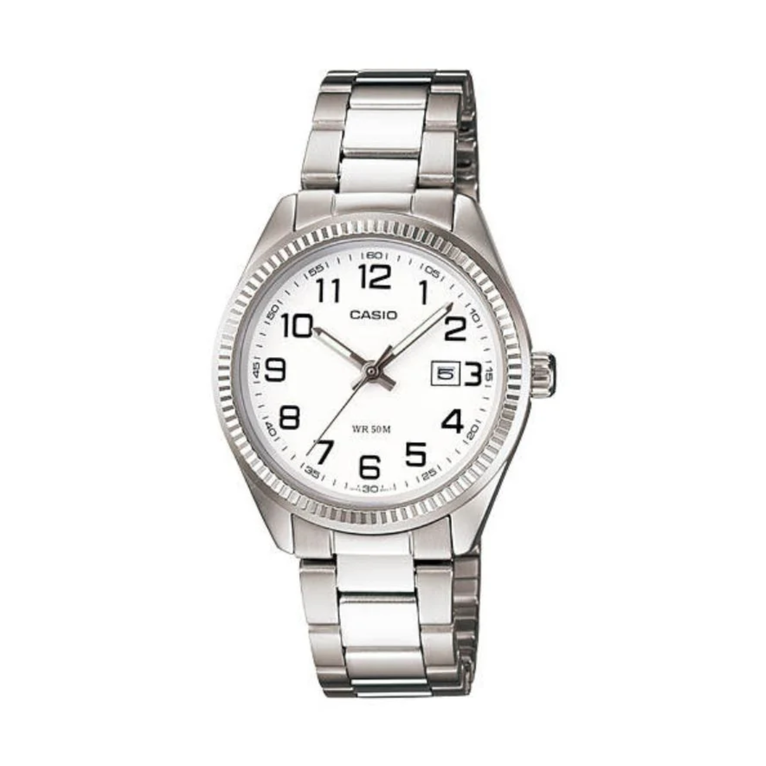 Silver Casio watch on a white background