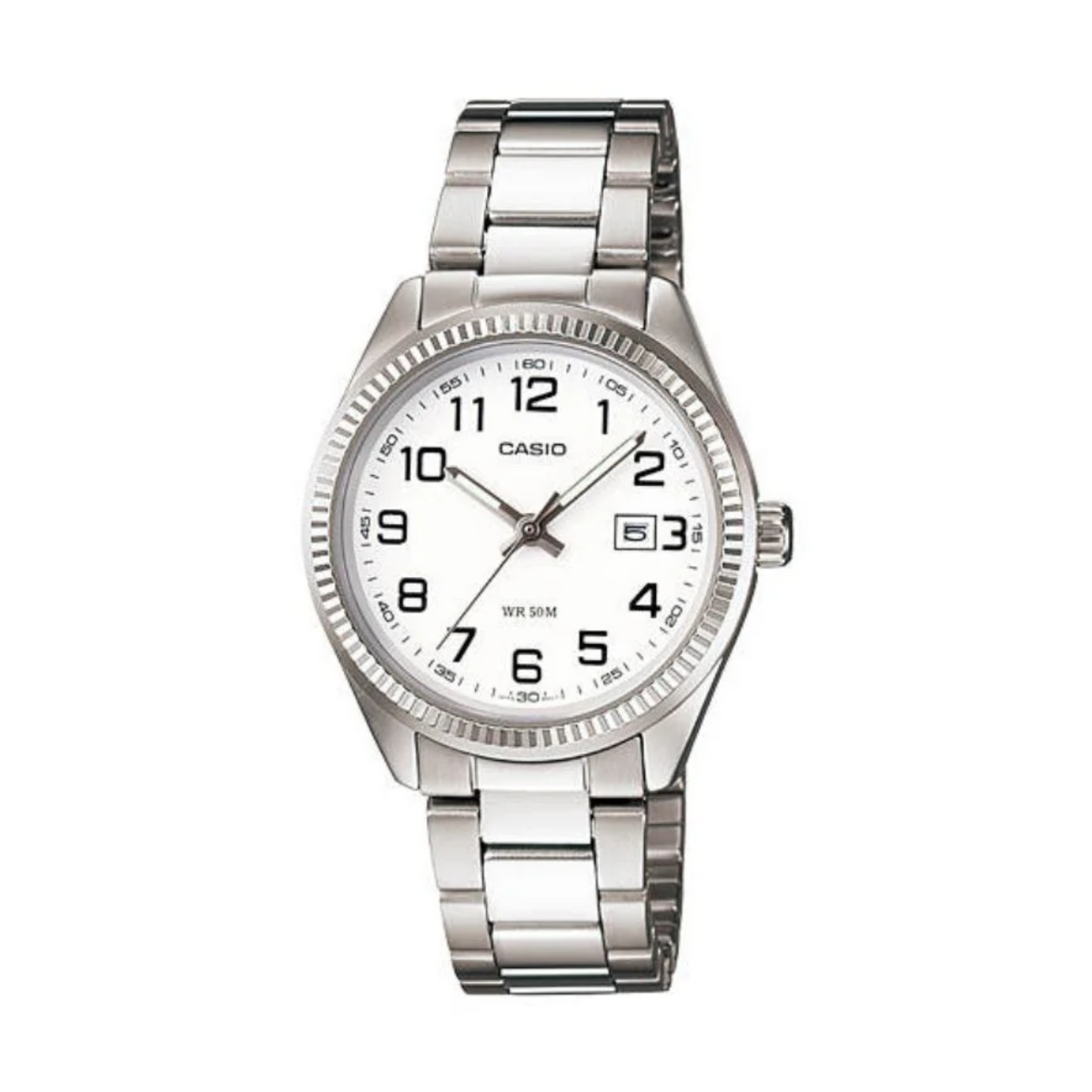 Silver Casio watch on a white background
