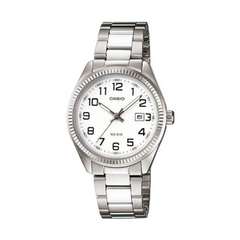 Silver Casio watch on a white background