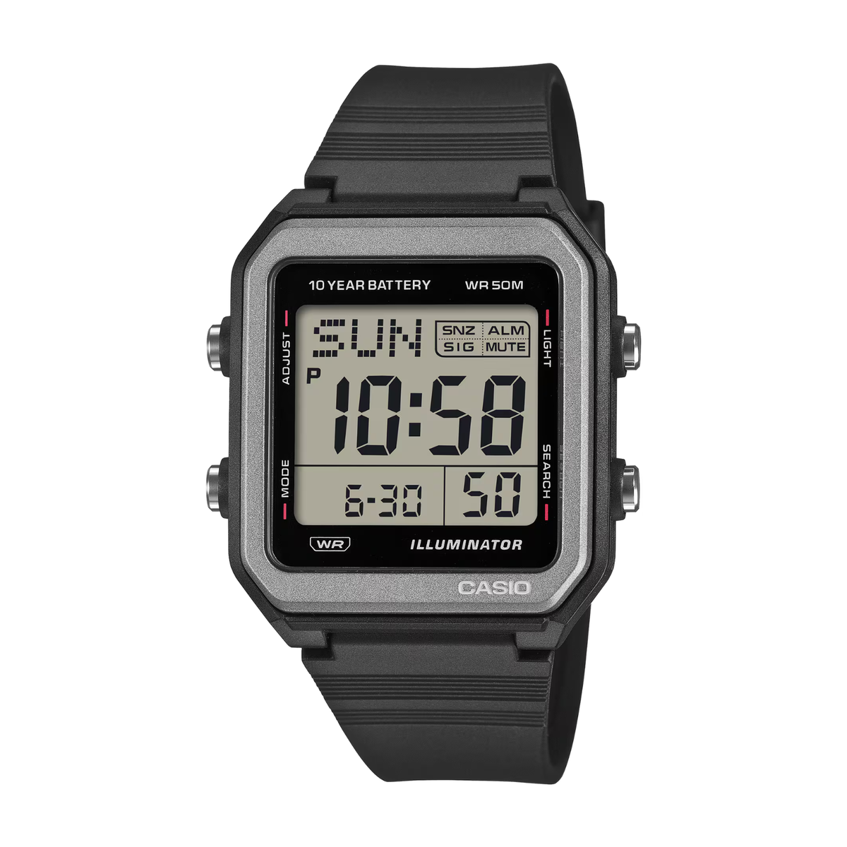 Digital watch with black strap and display on a white background