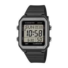 Digital watch with black strap and display on a white background