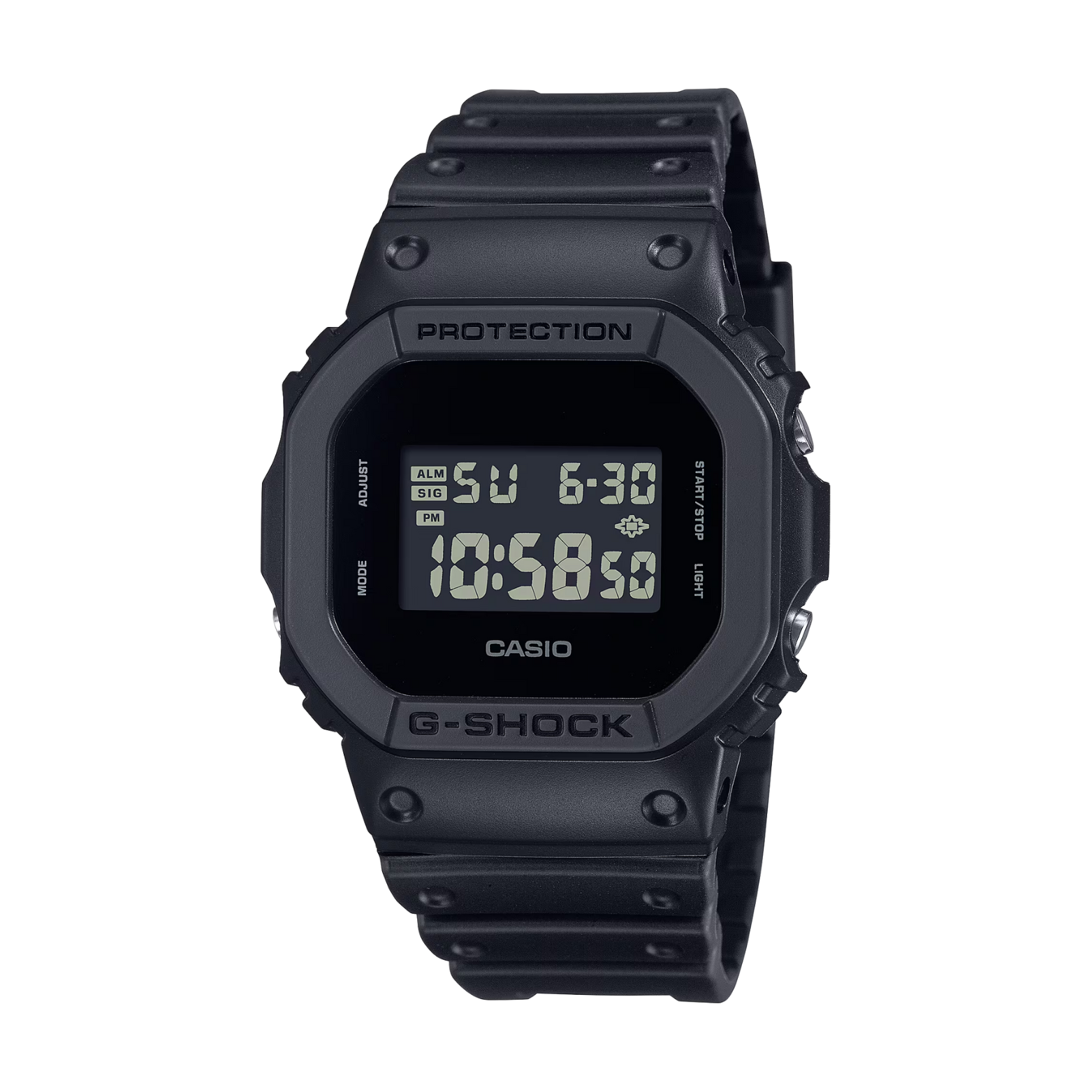 Black Casio G-Shock digital watch on a white background