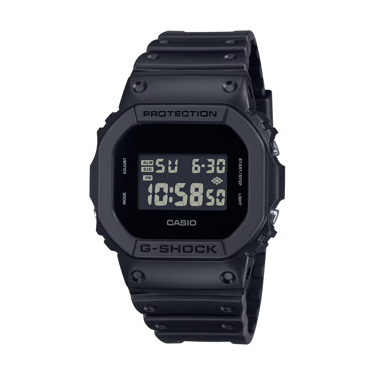Black Casio G-Shock digital watch on a white background