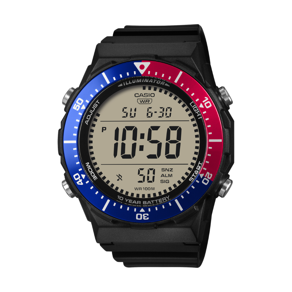Digital watch with black strap, red and blue bezel on a white background