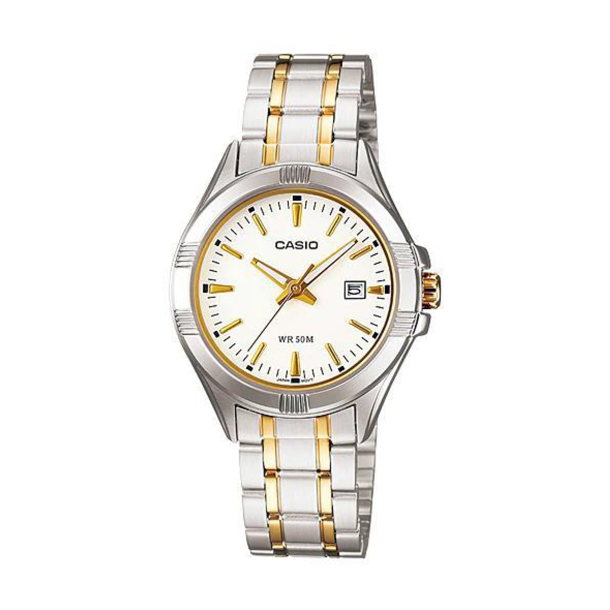 Casio watch with silver and gold band on a white background