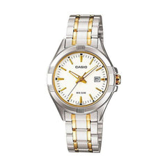 Casio watch with silver and gold band on a white background