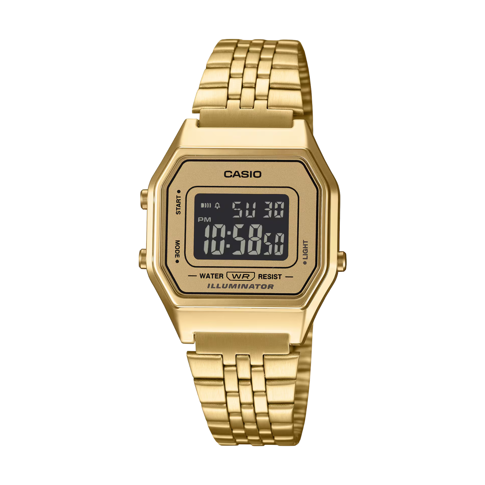 Gold Casio digital watch on a white background