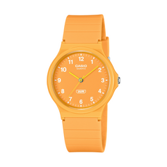 Orange Casio watch on a white background