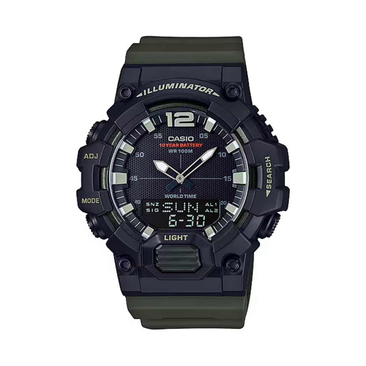Casio watch with green strap on a white background