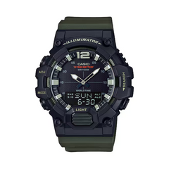 Casio watch with green strap on a white background