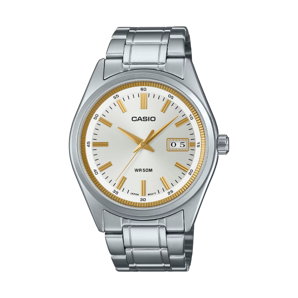 Silver Casio watch with a white face on a white background