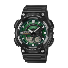 Casio watch with green face and black casing on a white background