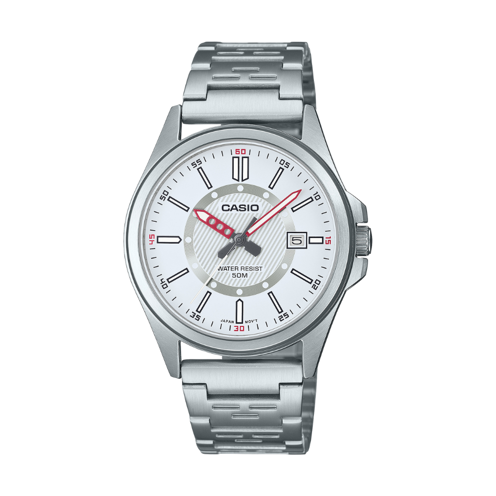 Silver Casio watch with a white face on a white background