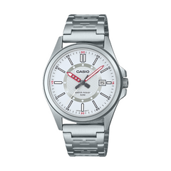 Silver Casio watch with a white face on a white background