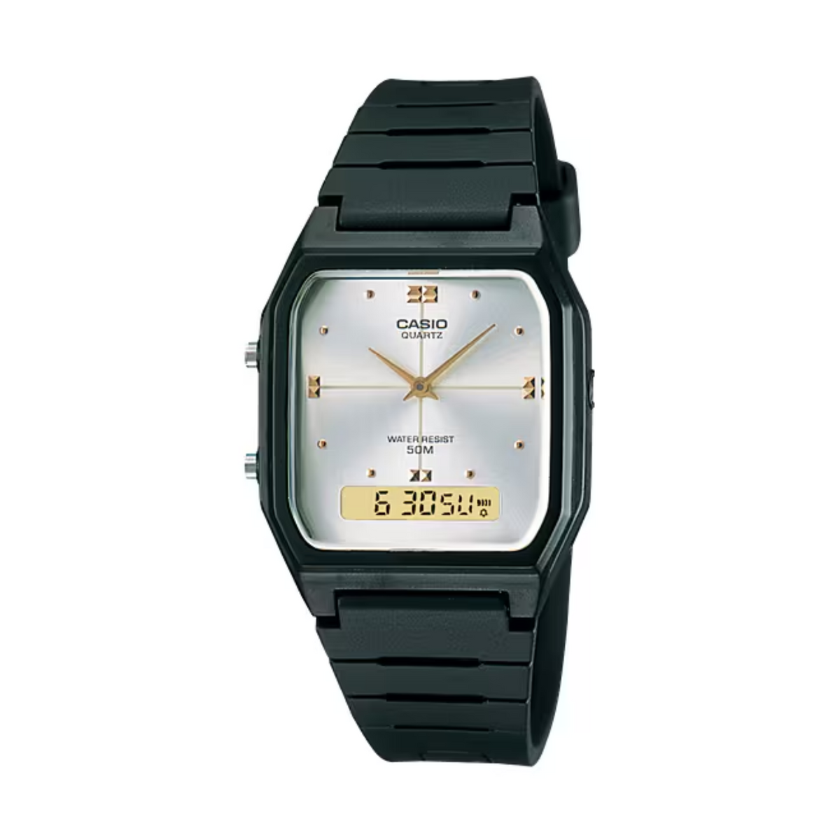 Casio watch with black strap and silver face on a white background