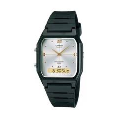 Casio watch with black strap and silver face on a white background