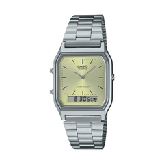 Silver Casio watch with digital display on a white background