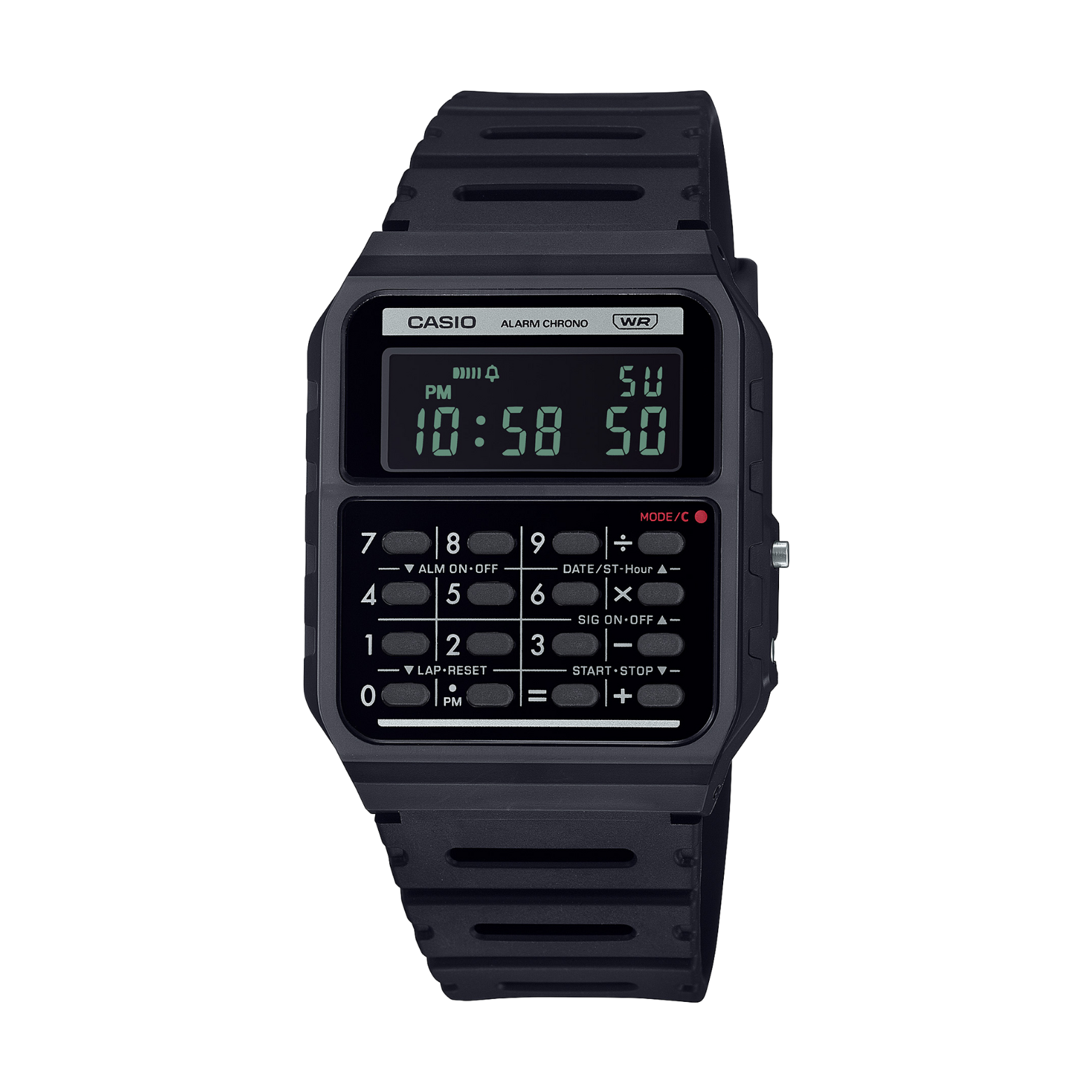 Black Casio digital watch with calculator functions on a white background